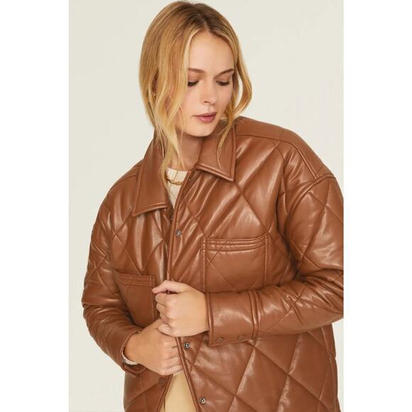 Slate & Willow Quilted Jacket Faux Leather Shacket Brown M - Picture 3 of 12